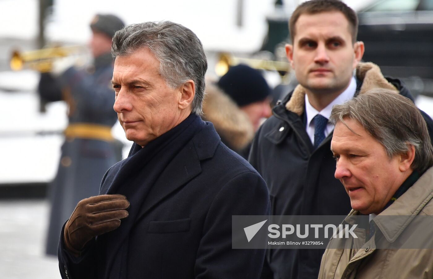 President of Argentina Mauricio Macri lays flowers at Tomb of Unknown Soldier