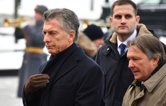 President of Argentina Mauricio Macri lays flowers at Tomb of Unknown Soldier