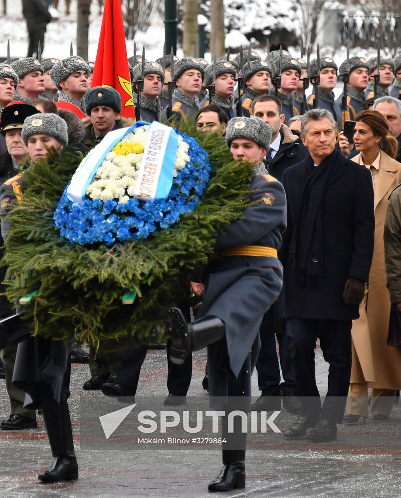 President of Argentina Mauricio Macri lays flowers at Tomb of Unknown Soldier