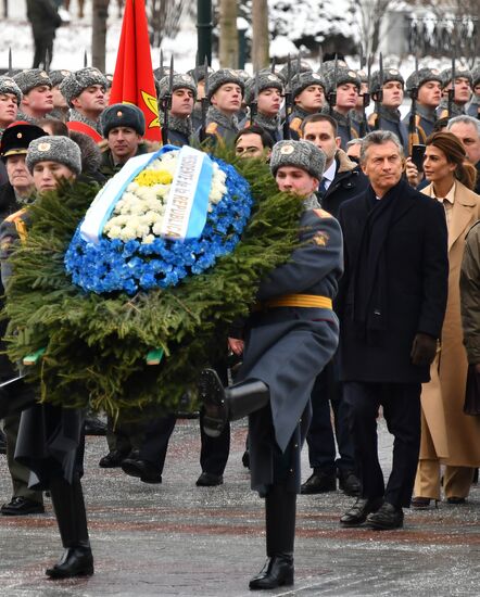 President of Argentina Mauricio Macri lays flowers at Tomb of Unknown Soldier