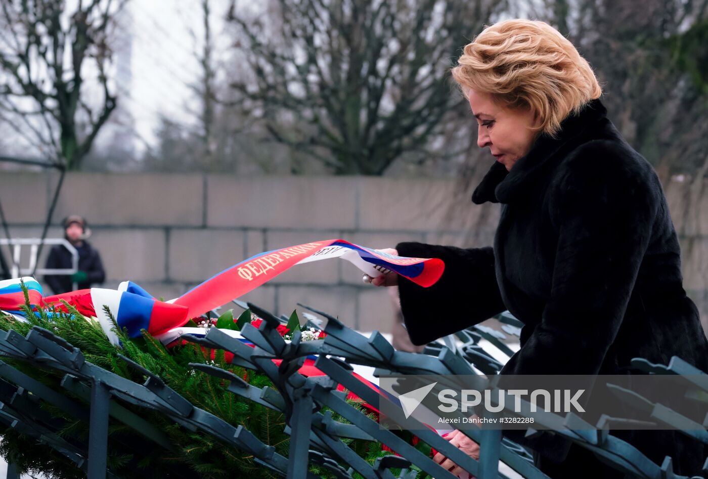 Wreaths and flowers laid at Piskaryovskoye Memorial Cemetery