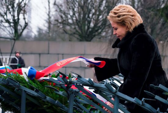 Wreaths and flowers laid at Piskaryovskoye Memorial Cemetery