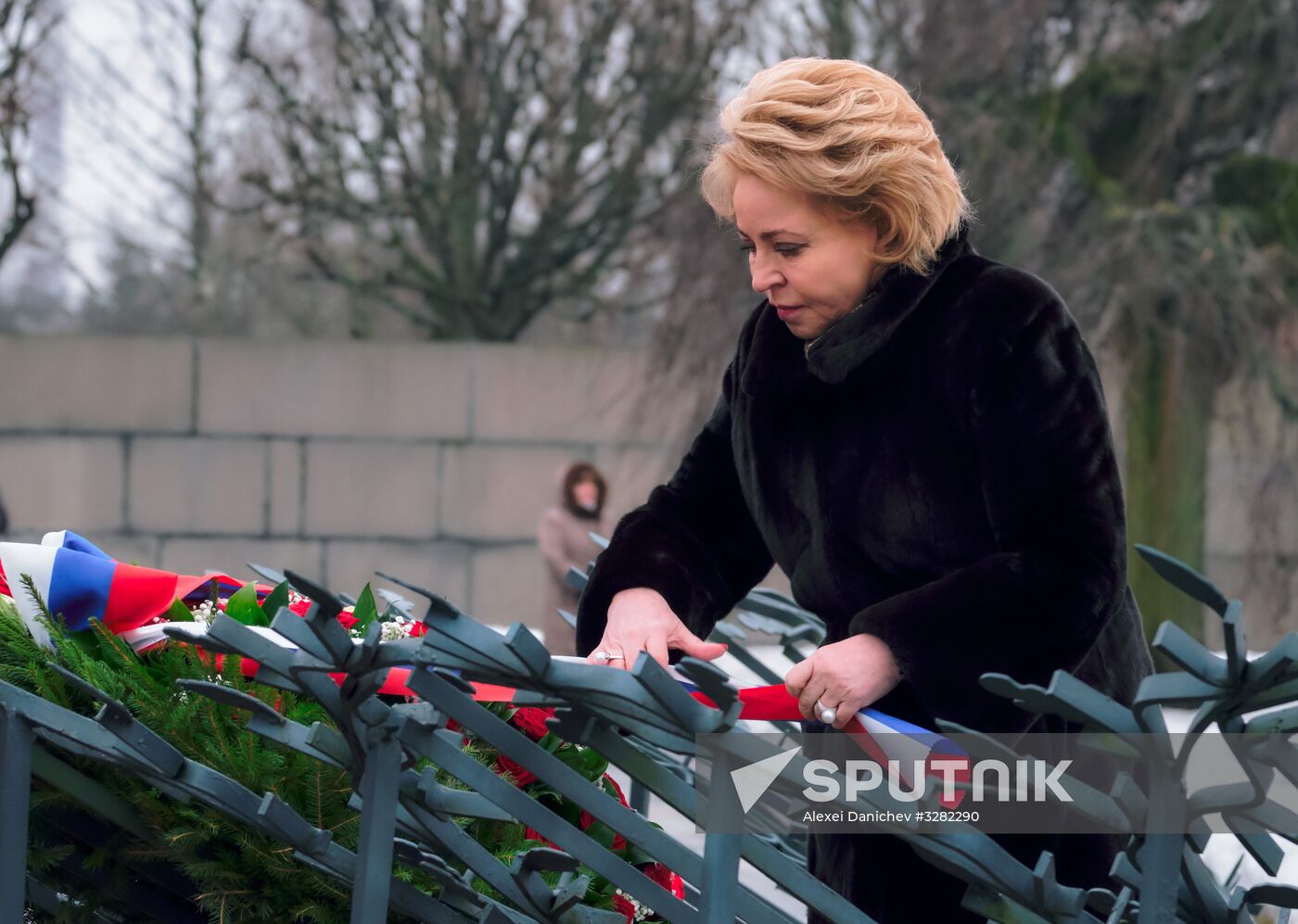 Wreaths and flowers laid at Piskaryovskoye Memorial Cemetery