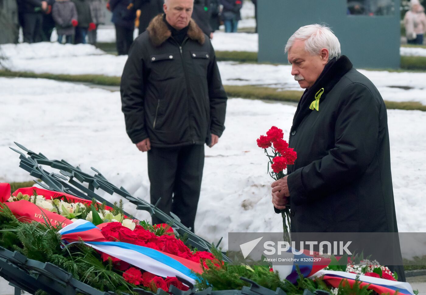 Wreaths and flowers laid at Piskaryovskoye Memorial Cemetery