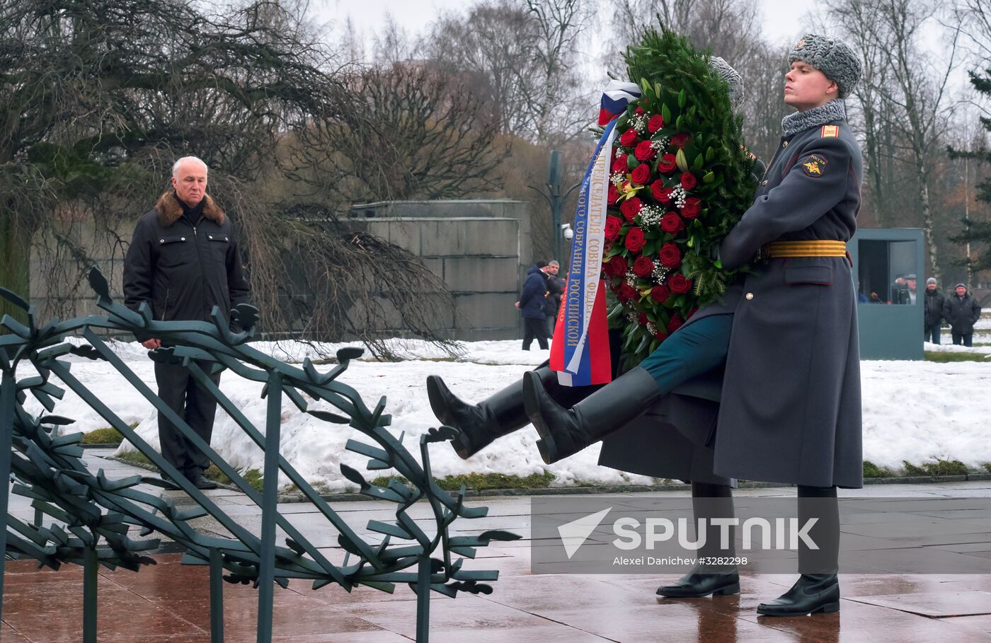 Wreaths and flowers laid at Piskaryovskoye Memorial Cemetery
