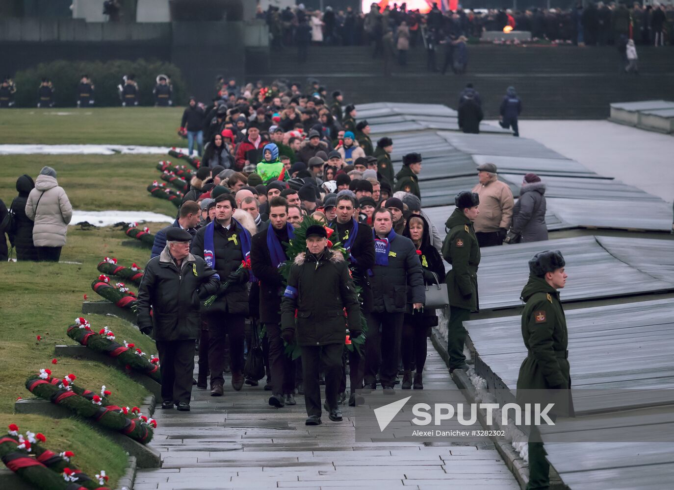 Wreaths and flowers laid at Piskaryovskoye Memorial Cemetery