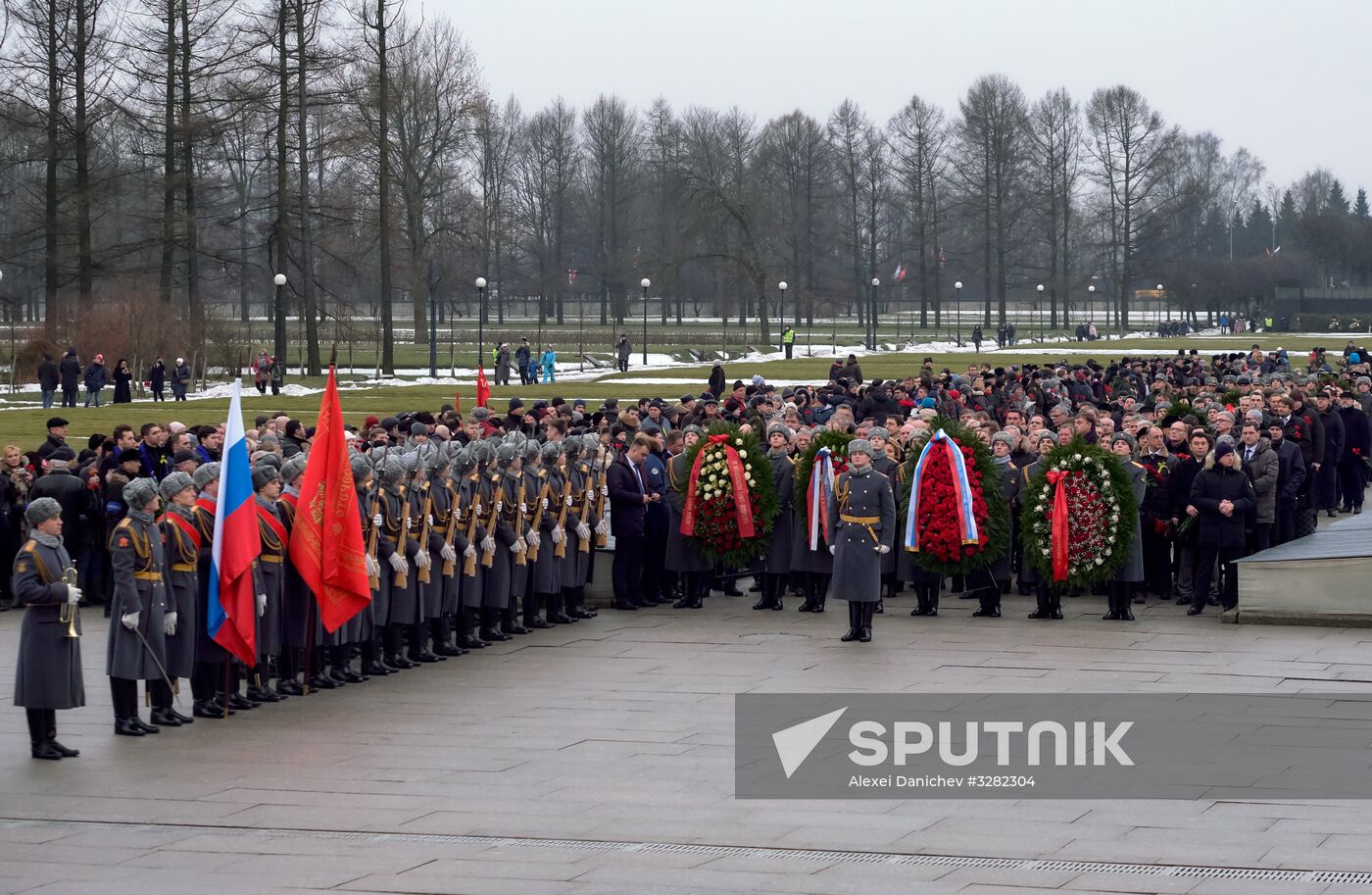Wreaths and flowers laid at Piskaryovskoye Memorial Cemetery