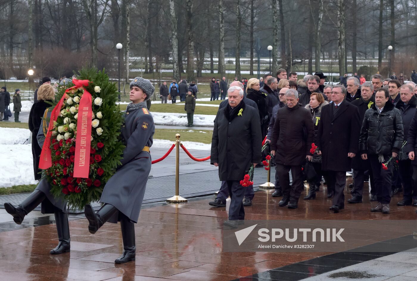 Wreaths and flowers laid at Piskaryovskoye Memorial Cemetery