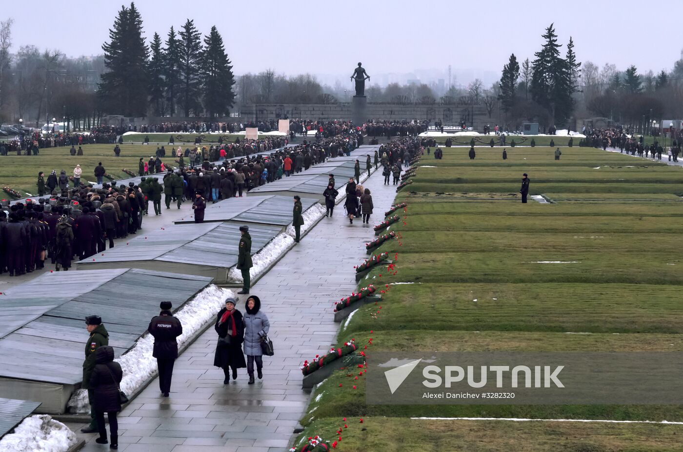 Wreaths and flowers laid at Piskaryovskoye Memorial Cemetery