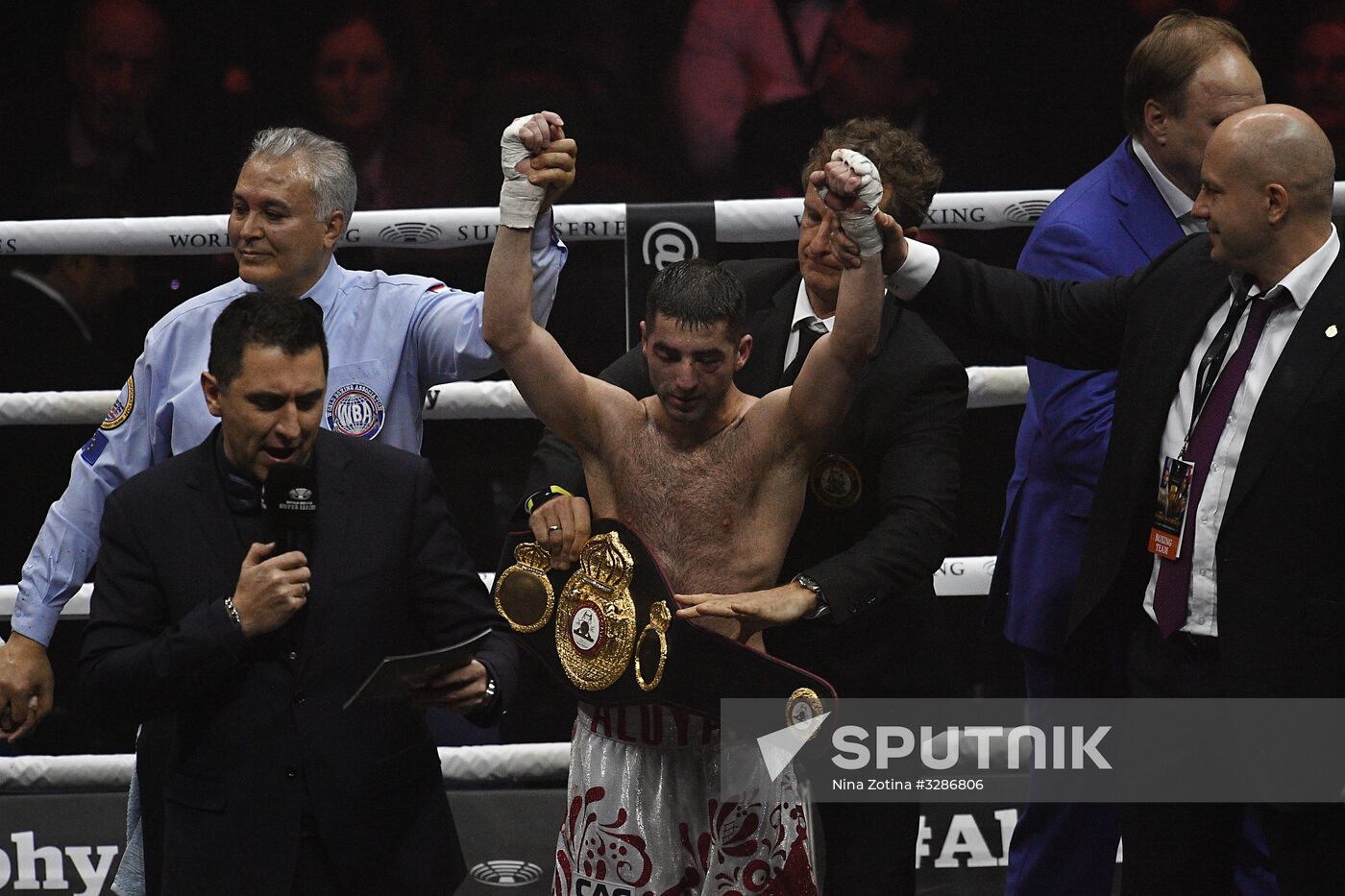 Center: Mikhail Alonyan (Russia) after a victory over Alexander Espinoza (Nicaragua) in the undercard of the cruiserweight semi-final fight of the World Boxing Super Series (WBSS) between IBF World Champion Murat Gassiev (Russia) and WBA Regular Champion Yunier Dorticos (Cuba) in Sochi. Location: Russia, Sochi. Author: Nina Zotina/Sputnik. Boxing. Murat Gassiev vs. Yunier Dorticos