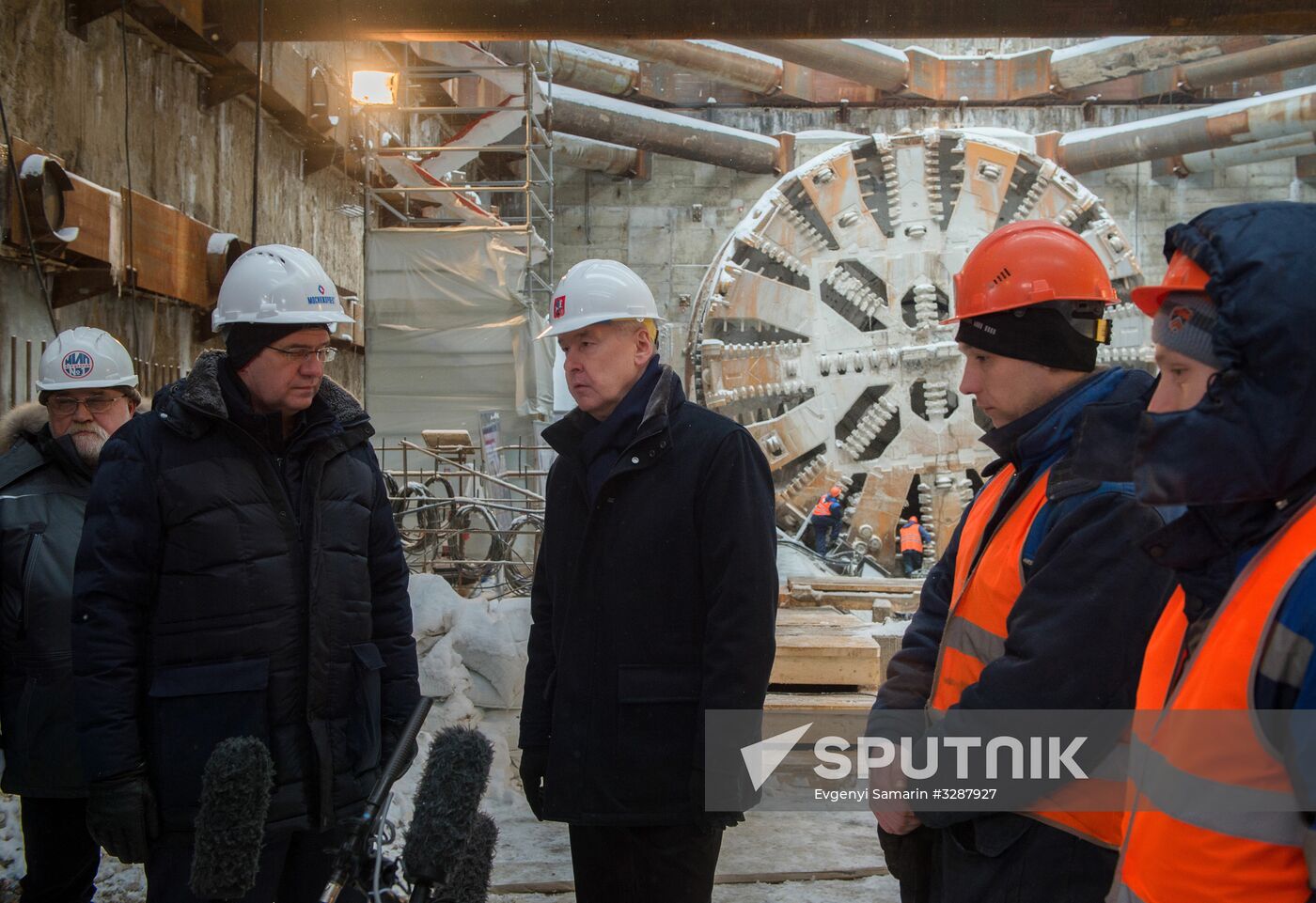Moscow Mayor Sergei Sobyanin inspects construction of Yugo-Zapadnaya station of Moscow metro