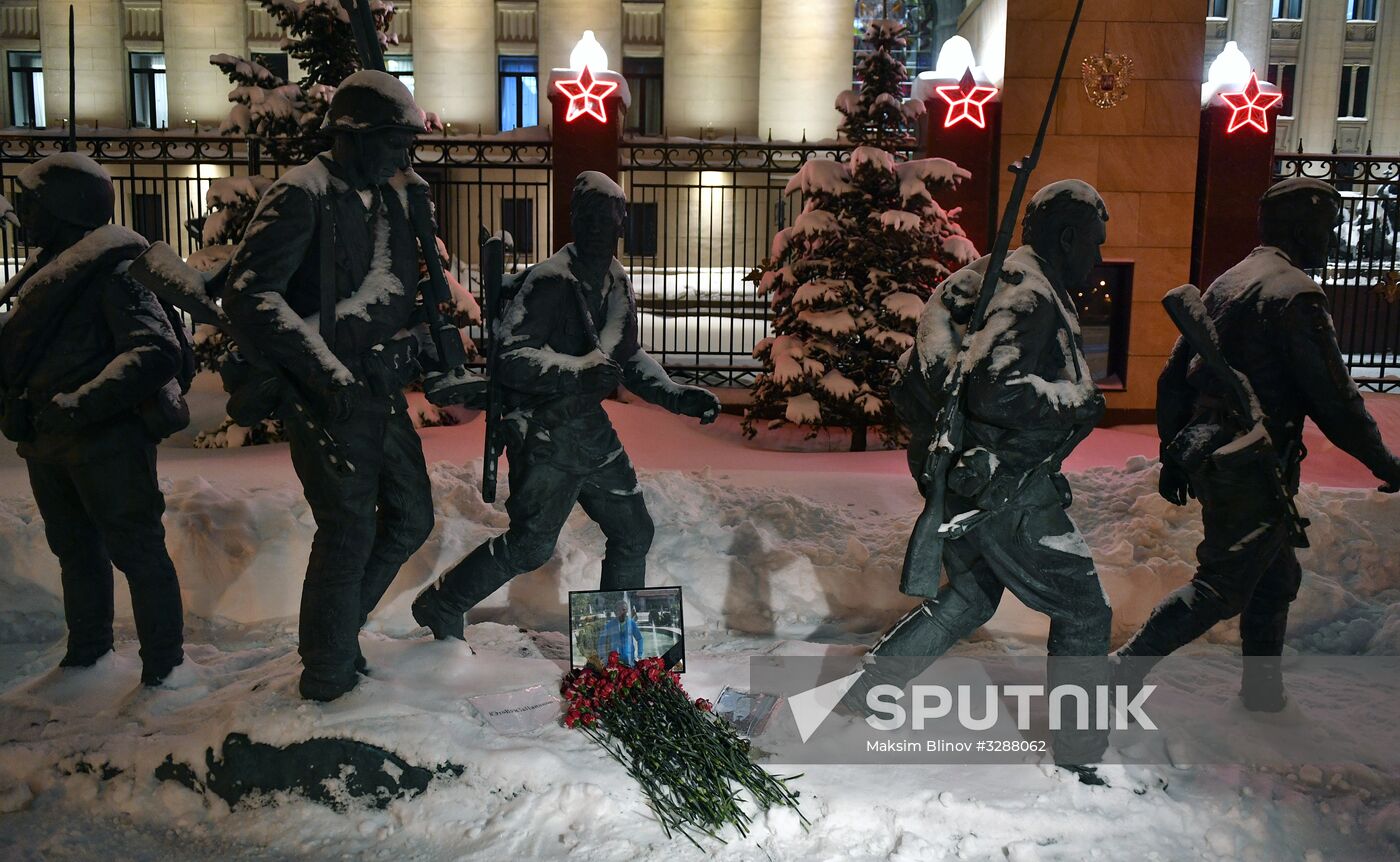 Flowers in memory of killed pilot Roman Filipov at Russian Defense Ministr