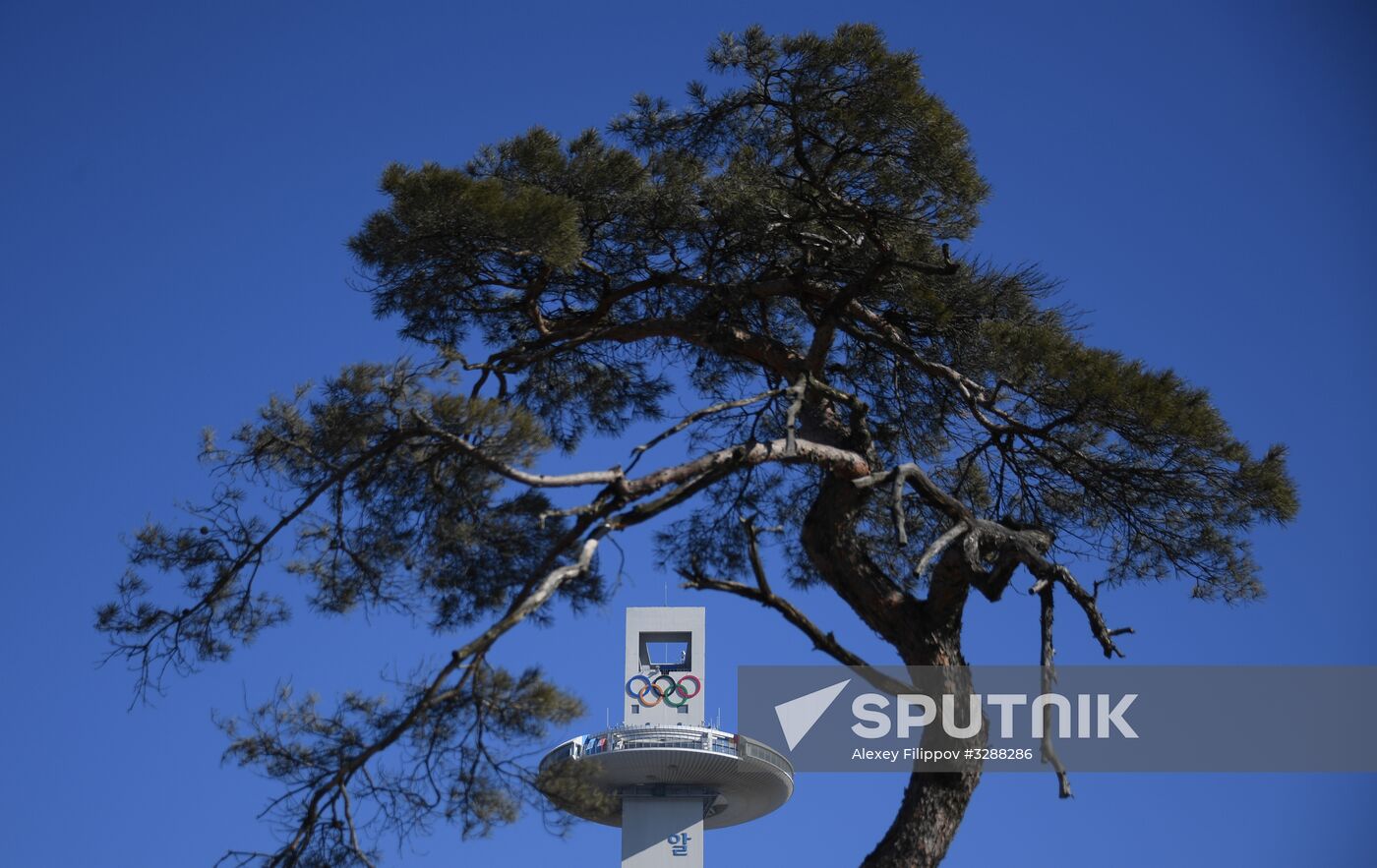 View on the ski jumps of the ski jumping center Alpensia in Pyeongchang. Location: South Korea, Pyeongchang-gun. Author: Alexey Filippov/Sputnik. Preparing for 2018 Winter Olympics in Pyeongchang
