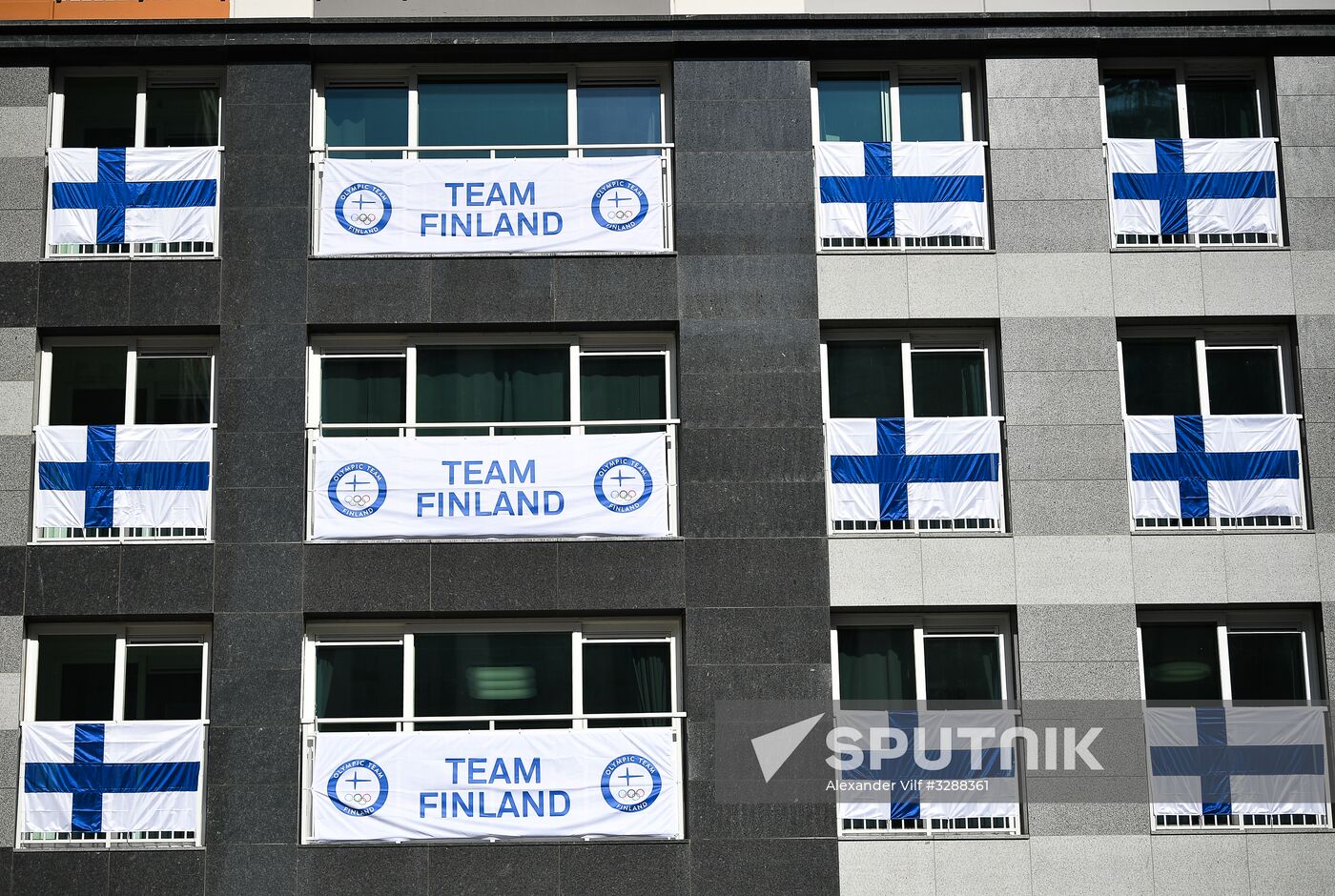 Finland's flags hanging from balconies of an Olympic Village hotel in Gangneung. Location: South Korea, Gangneung. Author: Alexander Vilf/Sputnik. Preparing for 2018 Winter Olympics in Pyeongchang
