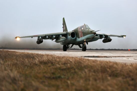Tactical flight drill of Sukhoi Su-25 assault aircraft in Krasnodar Territory