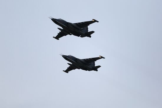 Tactical flight drill of Sukhoi Su-25 assault aircraft in Krasnodar Territory
