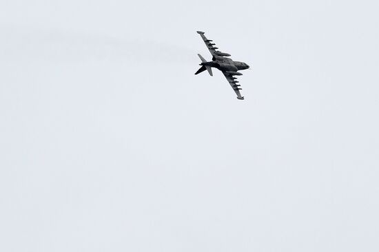 Tactical flight drill of Sukhoi Su-25 assault aircraft in Krasnodar Territory