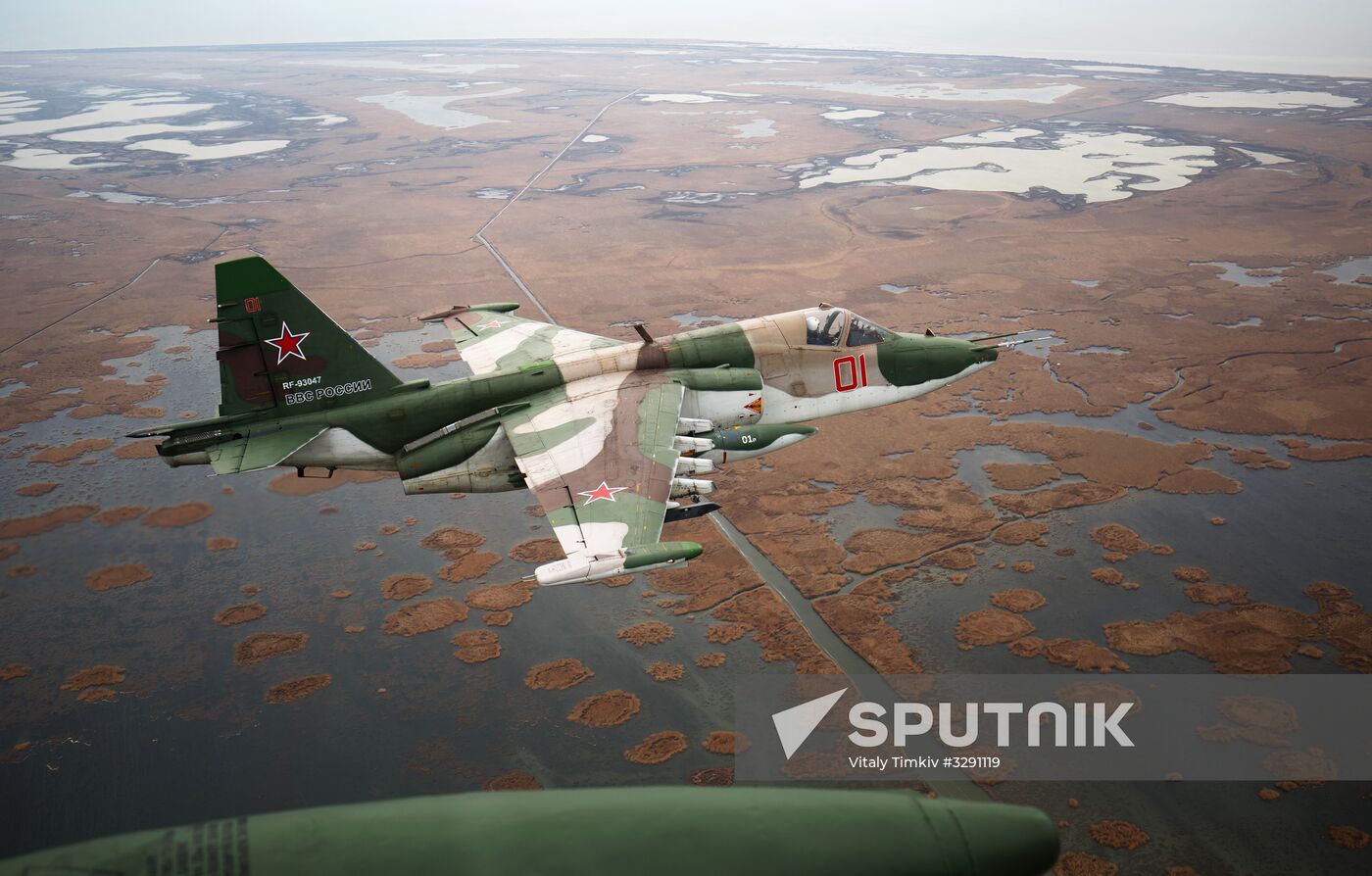 Tactical flight drill of Sukhoi Su-25 assault aircraft in Krasnodar Territory