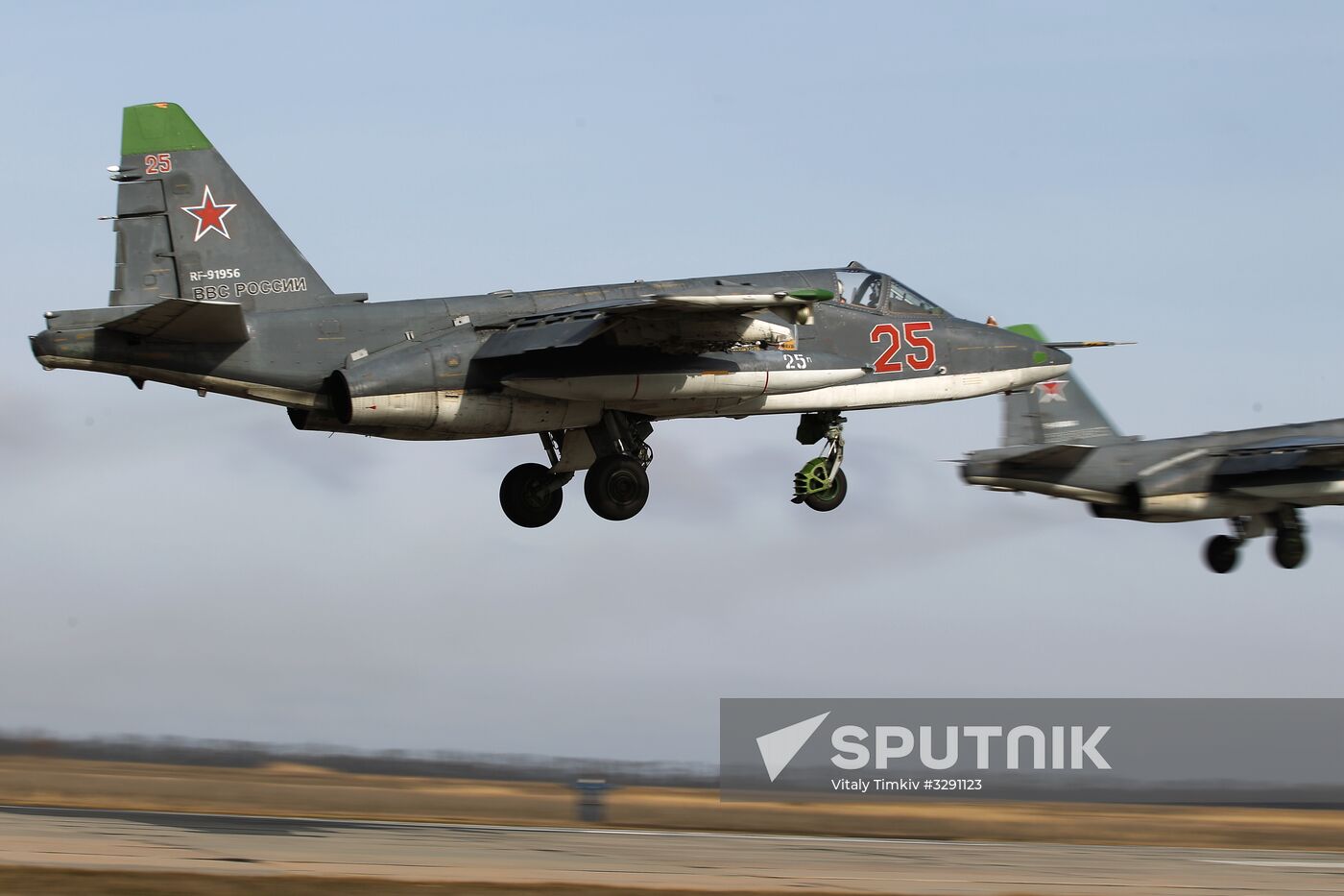 Tactical flight drill of Sukhoi Su-25 assault aircraft in Krasnodar Territory