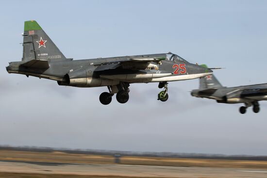 Tactical flight drill of Sukhoi Su-25 assault aircraft in Krasnodar Territory