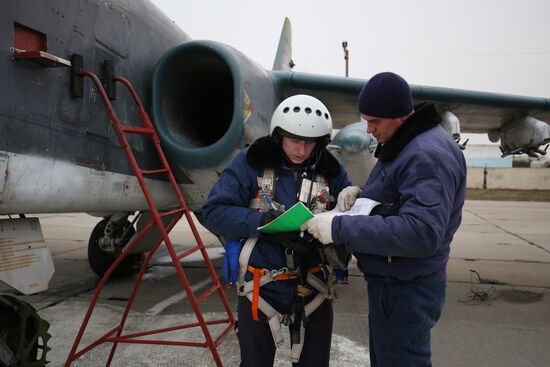 Tactical flight drill of Sukhoi Su-25 assault aircraft in Krasnodar Territory