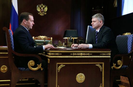 Russian PM Dmitry Medvedev meets with Russian Railways CEO Oleg Belozerov
