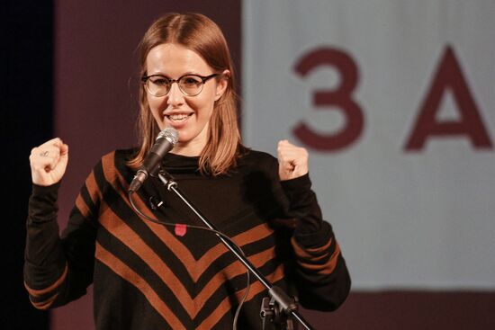 Presidential candidate Ksenia Sobchak speaks in Murmansk Region