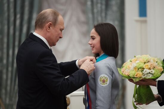 President Vladimir Putin presents state decorations to 2018 Winter Olympics medalists