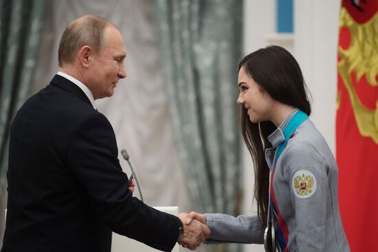 President Vladimir Putin presents state decorations to 2018 Winter Olympics medalists