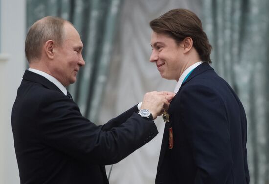 President Vladimir Putin presents state decorations to 2018 Winter Olympics medalists