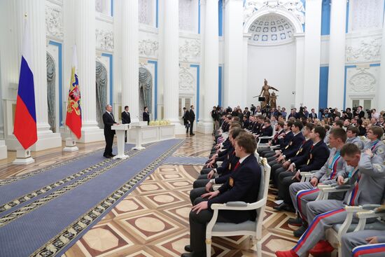 President Vladimir Putin presents state decorations to 2018 Winter Olympics medalists