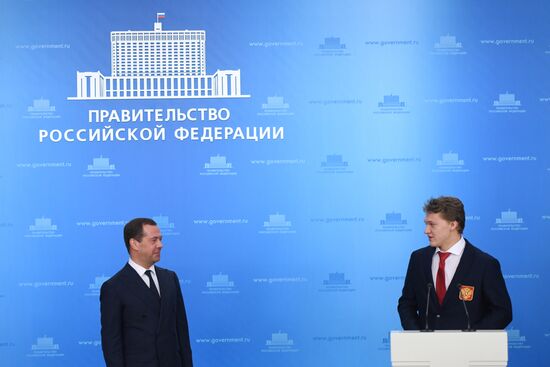 Prime Minister Dmitry Medvedev presents cars to 2018 Winter Olympics medalists at ceremony