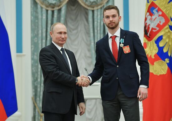 President Vladimir Putin presents state decorations to 2018 Winter Olympics medalists