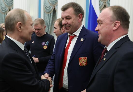 President Vladimir Putin presents state decorations to 2018 Winter Olympics medalists