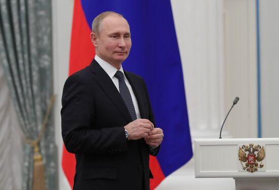 President Vladimir Putin presents state decorations to 2018 Winter Olympics medalists