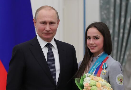 President Vladimir Putin presents state decorations to 2018 Winter Olympics medalists