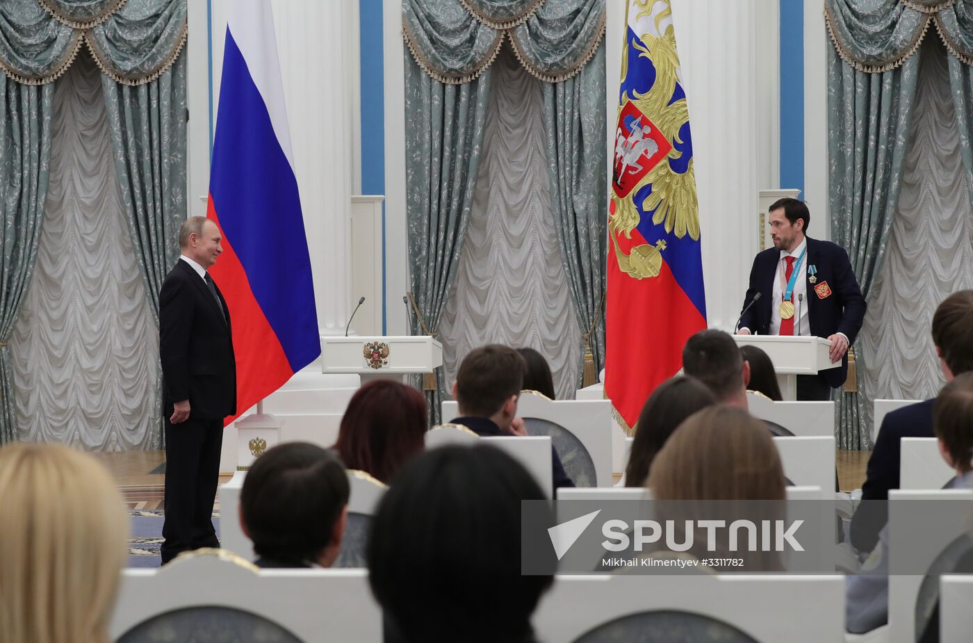 President Vladimir Putin presents state decorations to 2018 Winter Olympics medalists