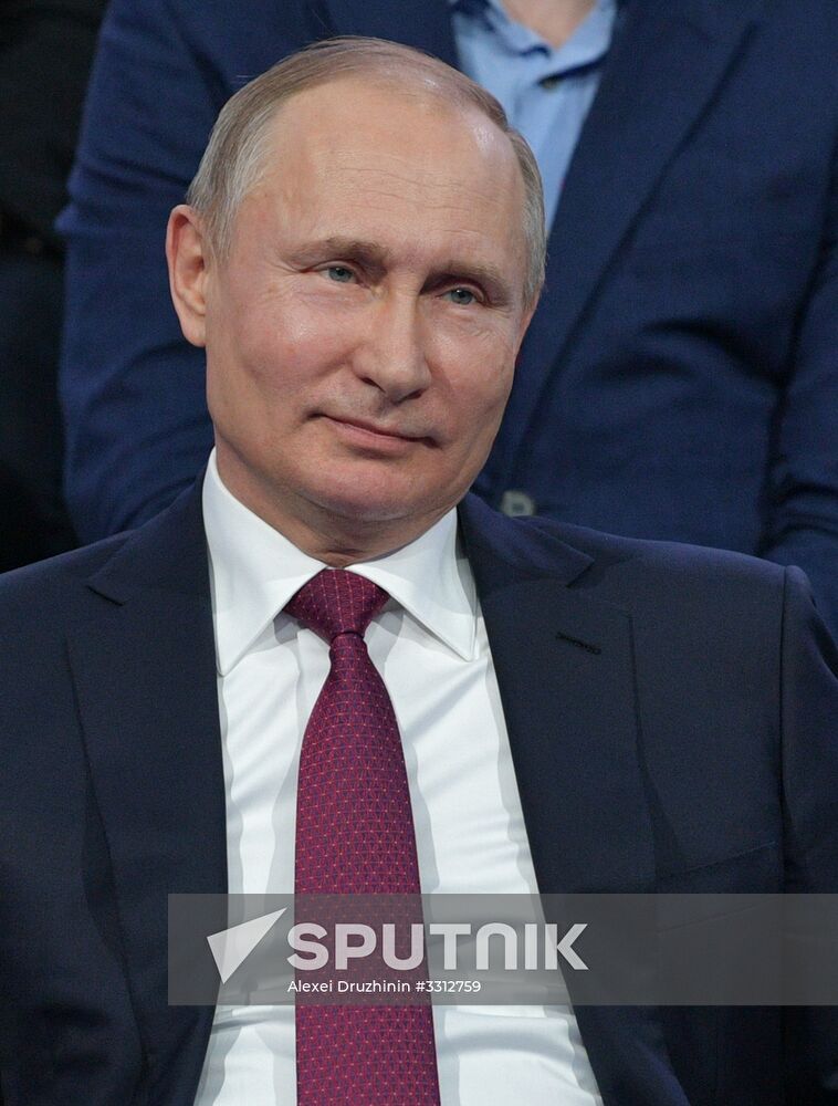 March 2, 2018. Russian President Vladimir Putin at a plenary meeting of the 5th Truth and Justice Media Forum of Independent Regional and Local Media, organized by the Russian Popular Front (ONF). Location: Russia, Kaliningrad. Author: Alexei Druzhinin/Sputnik. Russian President Vladimir Putin's work trip to Kaliningrad Region