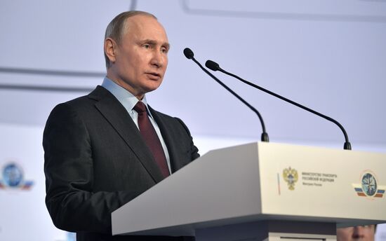 President Vladimir Putin takes part in convention of Russia's transport workers