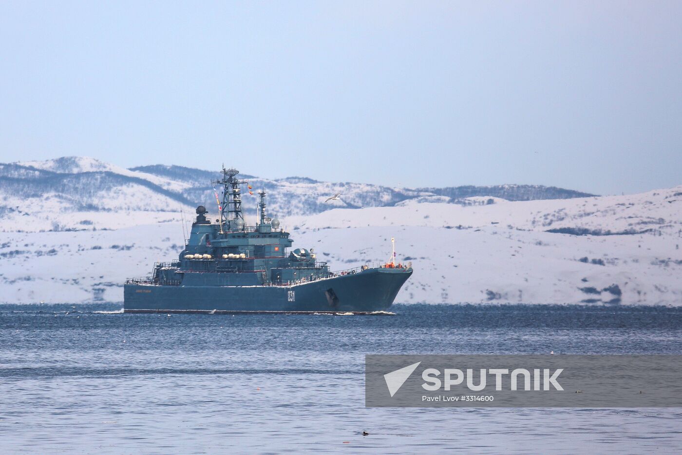 Meeting large landing ship 'Alexander Otrakovsky' in port of Murmansk