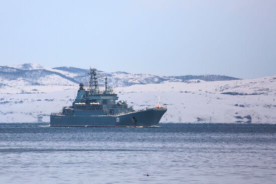 Meeting large landing ship 'Alexander Otrakovsky' in port of Murmansk