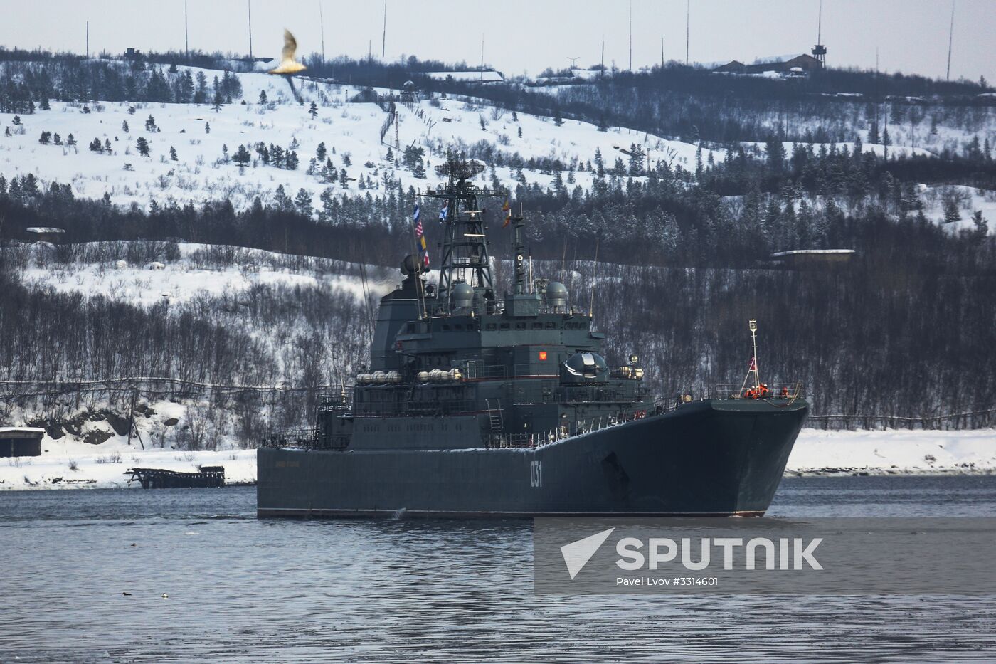 Meeting large landing ship 'Alexander Otrakovsky' in port of Murmansk