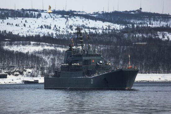 Meeting large landing ship 'Alexander Otrakovsky' in port of Murmansk