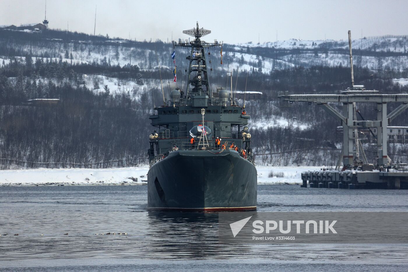 Meeting large landing ship 'Alexander Otrakovsky' in port of Murmansk