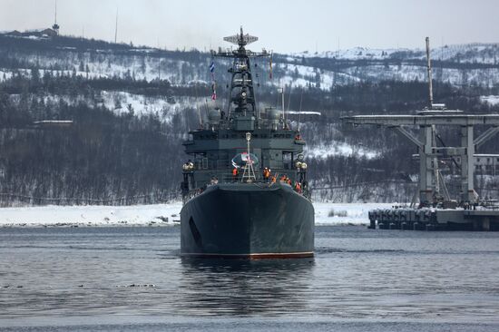 Meeting large landing ship 'Alexander Otrakovsky' in port of Murmansk
