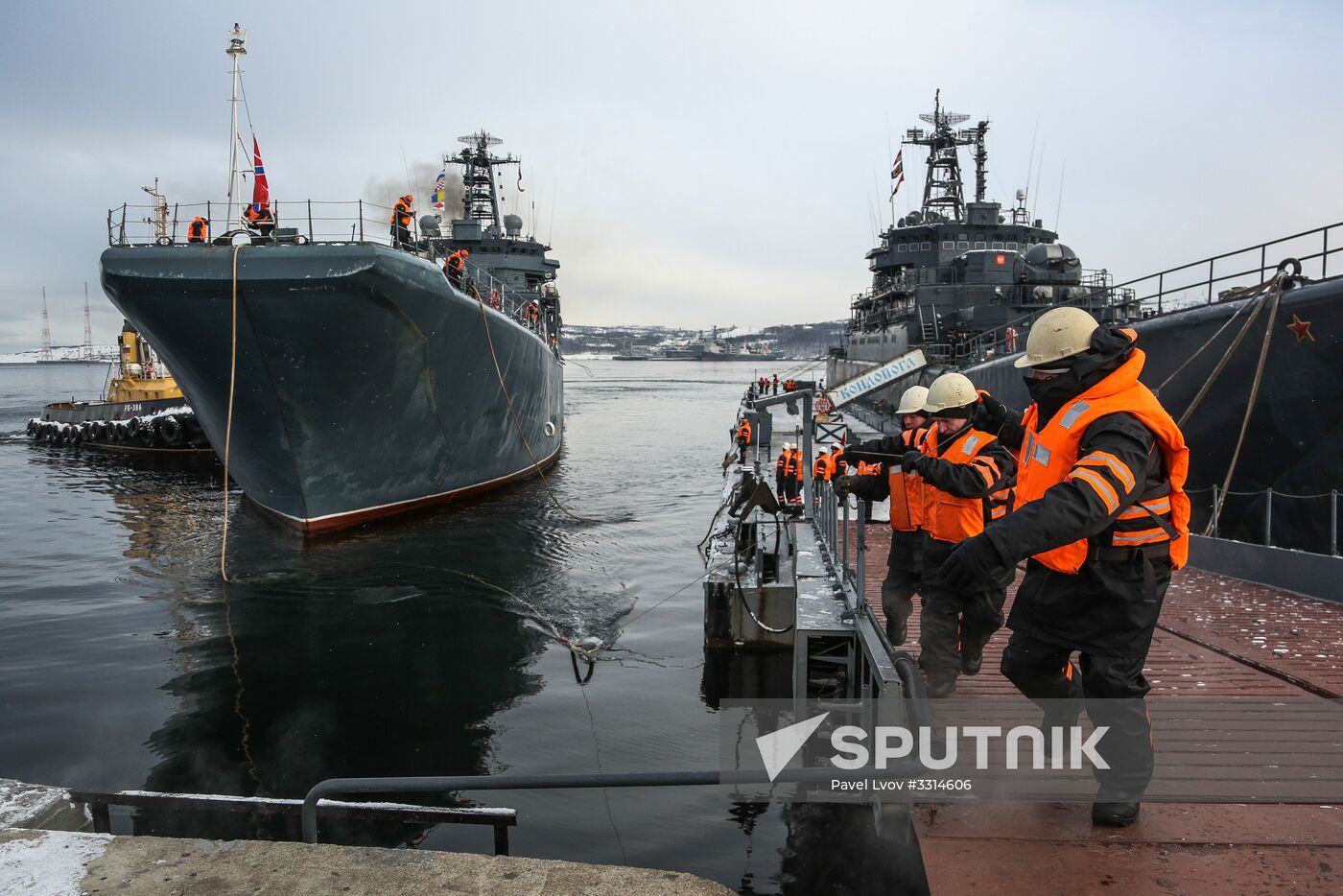 Meeting large landing ship 'Alexander Otrakovsky' in port of Murmansk