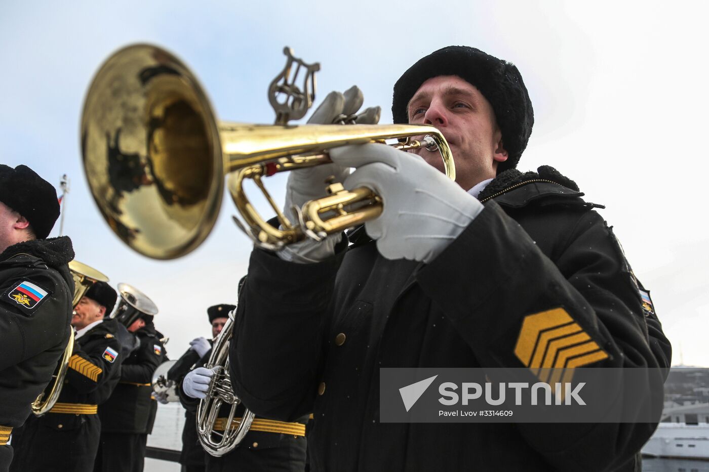 Meeting large landing ship 'Alexander Otrakovsky' in port of Murmansk