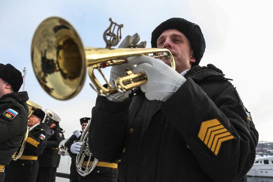 Meeting large landing ship 'Alexander Otrakovsky' in port of Murmansk