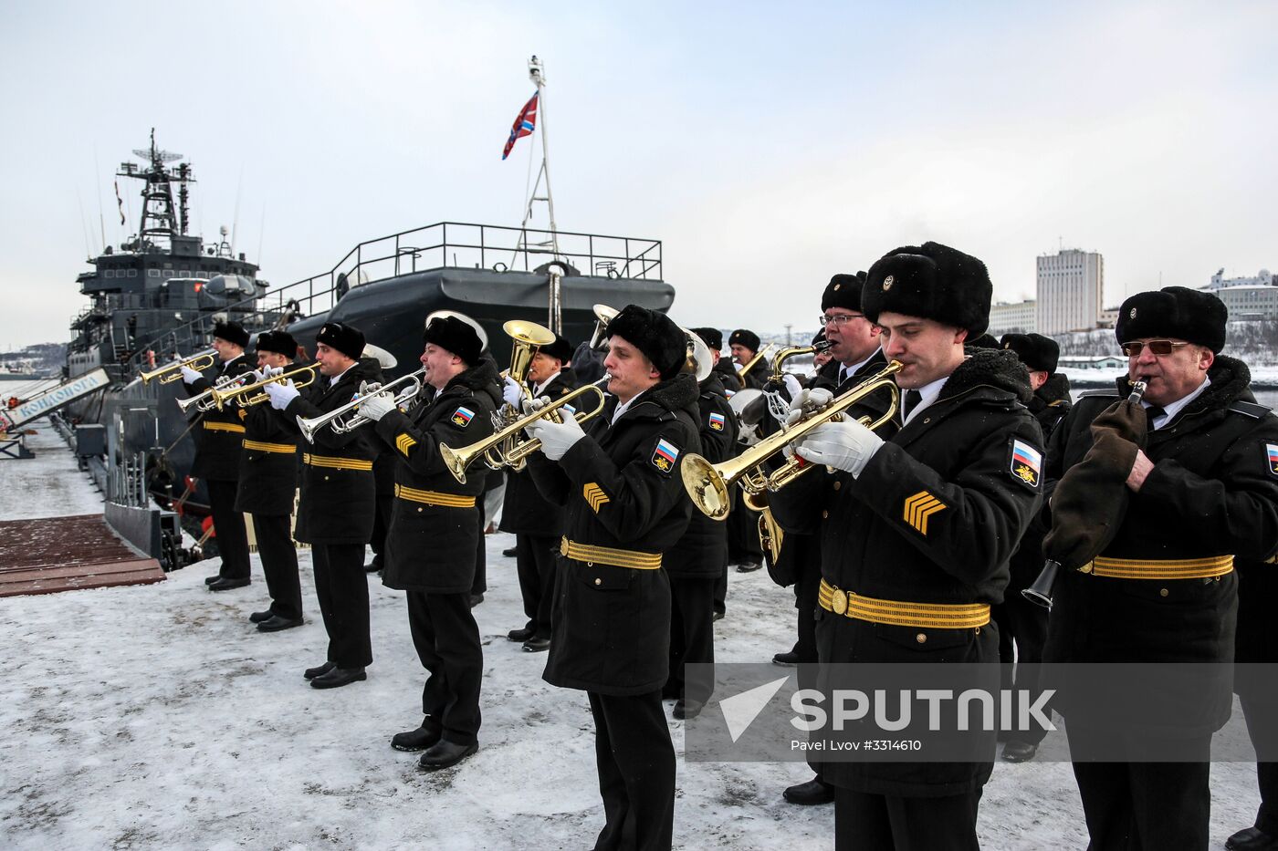 Meeting large landing ship 'Alexander Otrakovsky' in port of Murmansk