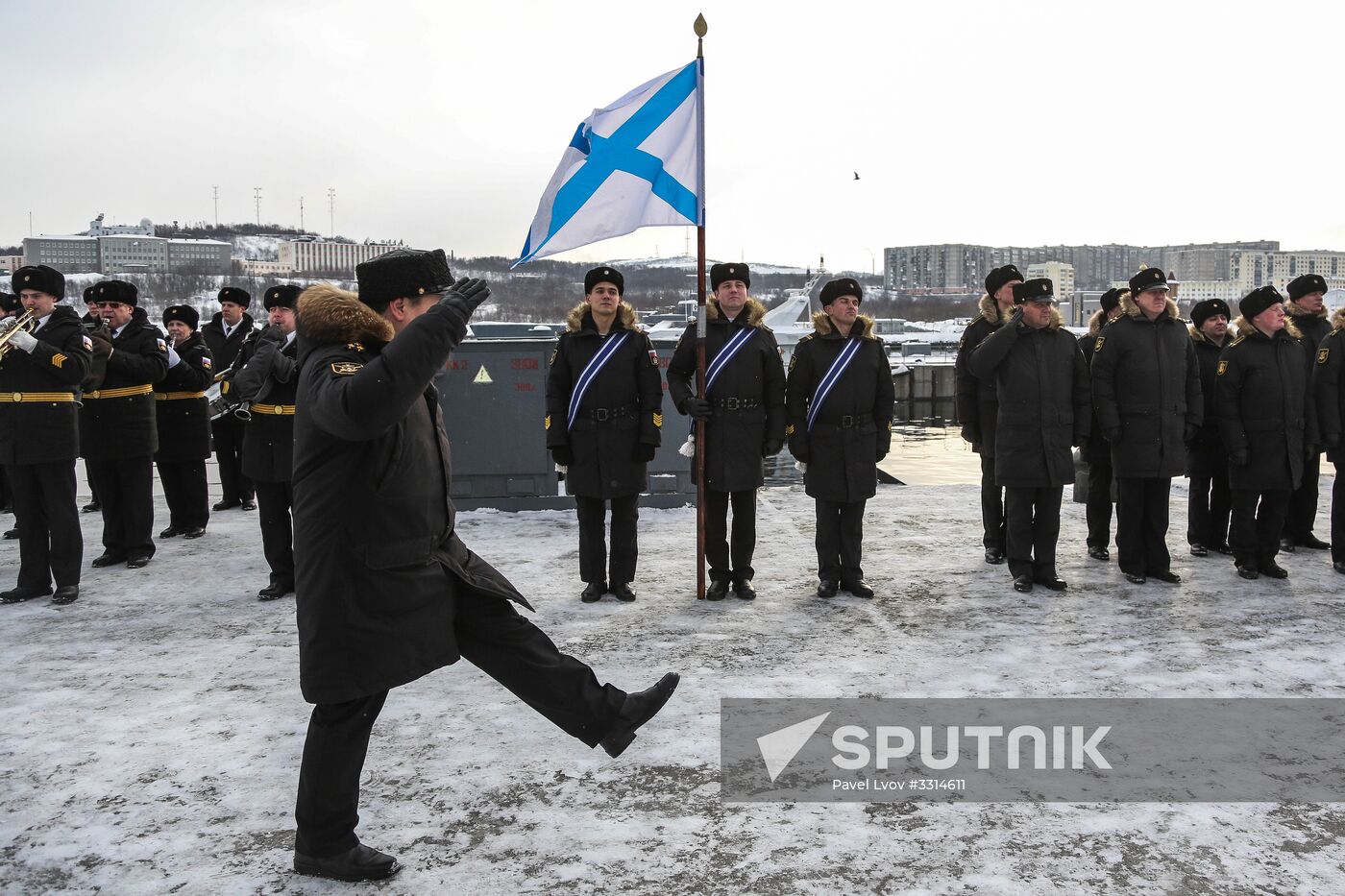 Meeting large landing ship 'Alexander Otrakovsky' in port of Murmansk